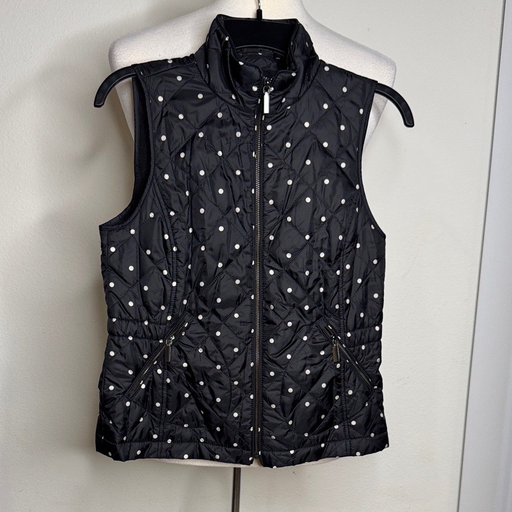 Talbots Women's Black Quilted Vest white polka dots zipper pockets small petite